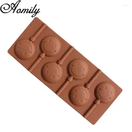 Baking Moulds Aomily Simle Face Lollipop Mould DIY Bakeware Silicone 3D Handmade Sucker Sticks Lolly Candy Chocolate With Stick Shape