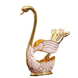 Kaffeedessert Gold Sliver Metal Löffel Set Swan Basishalter mit 6pcs Eislöffel Gabeln Teelöffel Zucker Salat Wohnung Anzug S