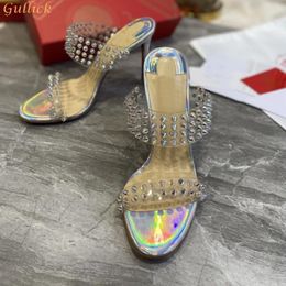 Sandals Rivet Clear Pvc Slip On Black/White/Silver Stiletto Heel Open Toe Slippers Women Fashion Sexy Luxury High Heels