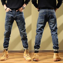 American Style Patchwork Motorcycle Jeans, Men's Spring and Autumn Trendy Slim Fit Leggings, High-end Elastic Casual Pants