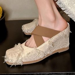 Dress Shoes Women's Fringe Canvas Fabric Wedge Summer Mules Square Toe Elastic Band Cross Strap Slides Sandals High Quality Woman