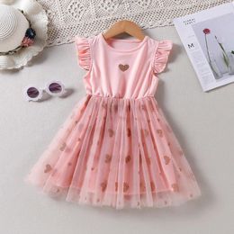 Girl Dresses Toddler Heart Print Mesh Patched Girls Dress 2024 Summer Baby Kids O Neck Casual Wear Pink Princess Children Clothing