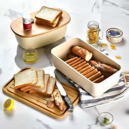 Storage Bottles Bread Box Bamboo Cover Toast Organizer Holder Container With Cutting Board Kitchen