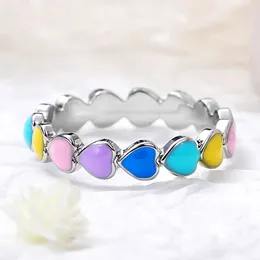 Cluster Rings Vintage Female Rainbow Enamel Thin Ring Classic Silver Colour Engagement Charm Love Heart Wedding For Women