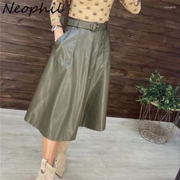 Skirts Neophil 2024 Winter Women Pu Faux Leather Pocket Midi Skirt Flare High Waist Solid Female Skater Belt Longa Saia S9109