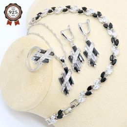 Strands Black White Zircon 925 Silver Bridal Jewelry Set for Women Bracelet Earring Necklace Pendant Ring Gift Box