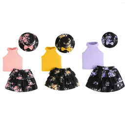 Clothing Sets FOCUSNORM 3 Colours Toddler Baby Girls Summer Clothes 0-3Y Solid Ribbed Knit Tank Floral Layered Ruffles Skirts Bucket Hat