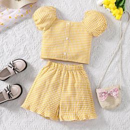 Clothing Sets Kids Casual Outfits For Girls Summer 2024 Toddler Yellow Plaid Shorts Tops Short Pant Fashion Children 2-8Y