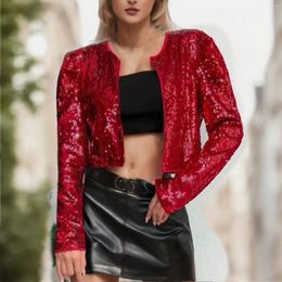 Women's Jackets Autumn/Winter Trend Short Sequin Jacket Coat Solid Colour Hip Hop Streetwear Tops Fahion Long Sleeve Cardigan