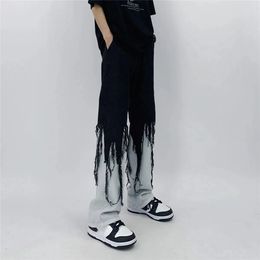 Men Jeans High Street Hip Hop Contrast Color Tassel Loose Fashion Japanese Streetwear Hippie Loose Casual Darkwear Patchwork 240410