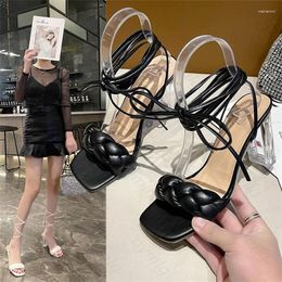 Dress Shoes Large Size Braided Roman Women High Heel Sandals Square Toe Chunky Ankle Strap Fashion Sexy Mujer Pumps