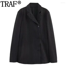 Women's Suits Striped Long Blazer Woman Office Wear Button Jacket Casual Sleeve Warp Blazers For Women Elegant Stylish Outerwear