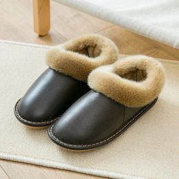 Slippers Genuine Leather Men Warm And Velvet Home Cotton-Padded Shoes Women Non-Slip