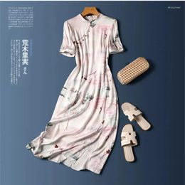 Party Dresses Limiguyue Chinese Style Soft Cranes Print Silk Summer Short Sleeve Slant Button Women A-Line Satin Vestidos Z017
