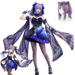 Anime kostümler genshinimpact ke qing oyunu cosplay comple purple peruk muhteşem elbise seksi cos kadınlar için lolita elbise cosplay güzel kıyafetler y240422