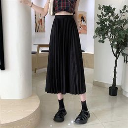 Skirts Black Long Pleated Skirt Korean Fashion Vintage Elastic High Waist Midi A-line For Women Beach Clothing 2024