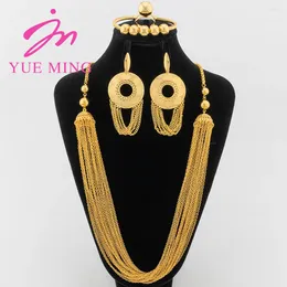 Necklace Earrings Set YM Luxury Dubai Gold Color With Tassel 80cm Long Chain Cuff Bangles Ring Jewelry For Women Gifts