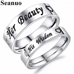 With Side Stones Seanuo 2024 Fashion "Her Beauty & His Wisdom" Stainless Steel Couple Heart Ring Romantic Lovers' Valentine's Day Finger