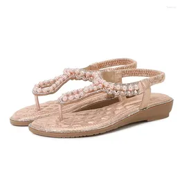 Sandals Summer Women 1.5cm Platform 3cm Wedges Low Heels Lady Bling Pearl Comfortable Casual Plus Size Crystal Beach