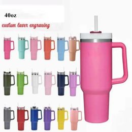 US stock 40oz Hot Pink Mugs Stainless Steel Tumblers Mugs Cups Handle Straws Big Capacity Beer Water Bottles Outdoor Camping Clear/Frosted Lids GG0422