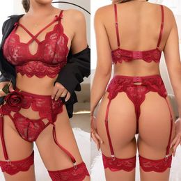 Bras Sets See Through Hollow Out For Women Transparent Lingerie Women's Underwear Three-piece Set Female Sexy Costumes