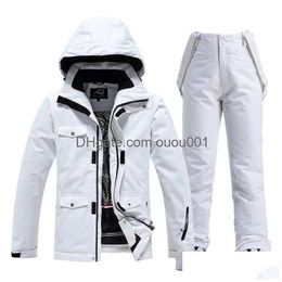 Skiing Suits New Pure White Womens Snow Suit Overalls Snowboarding Sets 10K Waterproof Windproof Winter Super Warm Costume Ski Jacket Dhetc