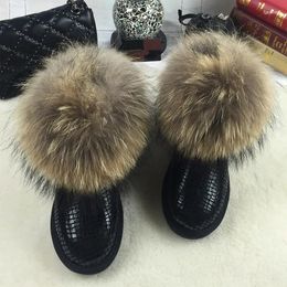 Boots Fashion Natural Big Fur Snow For Women Genuine Cowhide Leather Warm Winter Female Ankle Shoes