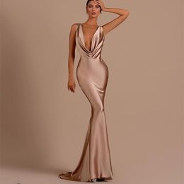 Sexy Long Pink Cowl Neck Prom Dresses Mermaid Satin Zipper Back Watteau Train Pleated Evening Dresses for Women