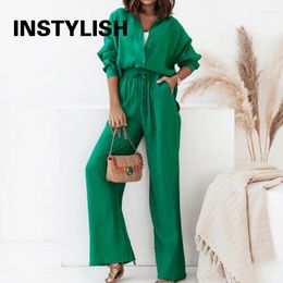 Women's Two Piece Pants 2 Sets Women Outfit Elegant Long Sleeve Lapel Shirt And Elastics Waist Wide Leg Suits Casual Solid Tracksuit 2024