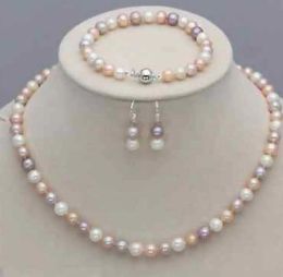 Strands Jewellery Free Shipping New 78mm White Pink Purple Freshwater Pearl Necklace Bracelet Earrings Set