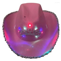 Berets Novelty Bright Color Cowgirl Hat With Colorful Light Glitter Night-can-see Feather Trim Sequin Party Raves