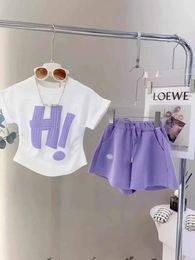 Clothing Sets 4 Colors Children's Summer 2piece Set Girl's O-neck Drop Shoulder Folded Waist Letter Printing T-Shirt Elastic Drawstring