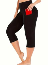 Kadın Pantolon Capris Plus Boyu Kadınlar Yaz Düz Renk Cepleri İnce Uygun Yüksek Bel Çok Yönlü Pantolon Elastik ve Konforlu Taytlar Kırpılmış Pantolon Y240422