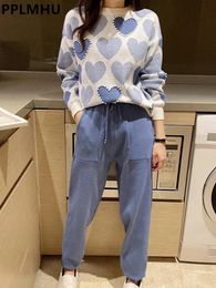 Love Printed Knit Two Peice Set Women Long Sleeve Sweater Pullover Tops Suits Casual Jogger Pants Conjunto Knitwear Korean Sets 240415