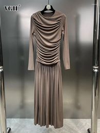 Casual Dresses VGH Patchwork Folds Solid Minimalist For Women Round Neck Long Sleeve High Waist Elegant Slimming Dress Female Fashion