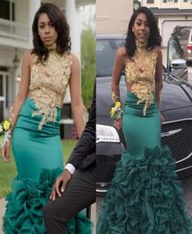 2020 African Hunter Green Mermaid Prom Dresses High Neck With Gold Appliques Party Evening Gowns Pickups Organza Prom Skirts2369070