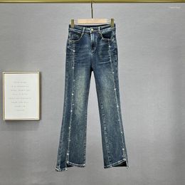 Women's Jeans Split Trousers 2024 Autumn Elastic High Waist Slim Flare Pants Office Lady Blue Jean Female Denim Trouser