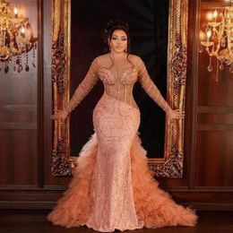 Party Dresses Arabic Mermaid Evening With Illusion Neckline Long Sleeves Beads Tiered Plus Size Prom Dress Wedding Reception Gowns