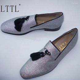 Casual Shoes Style Handmade Silver Men Glitter Fashion Tassel Loafers Summer Party And Banquet