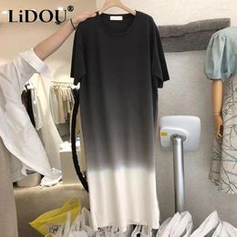 Party Dresses 2024 Summer Fashion Gradient Midi Dress Women Round Neck Short Sleeve Loose Straight Cute Comfortable Youth Vestidos