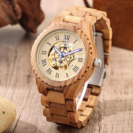 Kits Men's Mechanical Watches Full Wooden Roman Numeral Dial Watch for Men Olive Wood Automatic Winding Luminous Hands Men Clock Gift