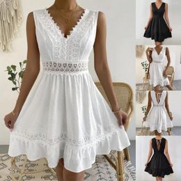 Party Dresses Elegant Lace Stitching Short Women Summer Casual White Ruffle Sleeveless Beach Sundress Fashion V Neck 2024