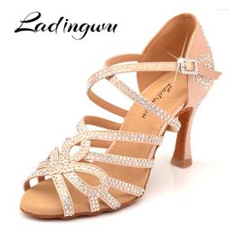 Dance Shoes Ladingwu Arrival Latin Double Rhinestone Shining Skin Black Satin Women Ballroom Dancing Cuba Heel 9cm