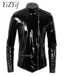 Mens Jacket Coat Wet Look Patent Leather Coat Stand Collar Long Sleeves Front Zippered Motorcycle Jacket Biker Coat punk jackets T6311524