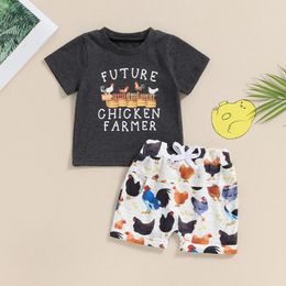 Clothing Sets 2024-03-27 Lioraitiin 3M-3Y Baby Boys Clothes Set Short Sleeve Letters Print T-shirt With Chicken Shorts Summer Outfit