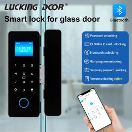 Control Electronic Digital Lock Fingerprint Glass Door Lock Bluetooth HAHALock App Passcode IC Card Keyless Smart Phone Attendance Lock