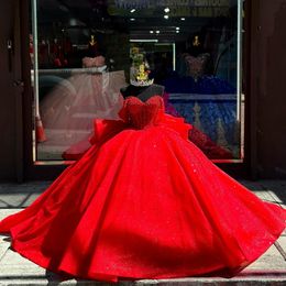 Red Shiny Princess Ball Gown Quinceanera Dresses Off Shoulder Beads Crystal Corset Sweet 16 Dress Pageant Gowns vestido de 15 anos