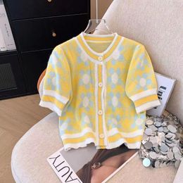 Women's Knits Sweet Printed Knitted T Shirt Women Summer Patchwork Short Sleeve Crop Tops Woman V Neck Korean Fashion Cardigan Sweater