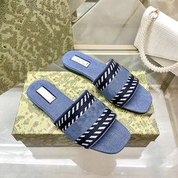 Blue Denim Embroidery Flat Sandals Designer Slippers Designer Sliders Women Classic Letter Prints Embossed Flat Comfort Mules Slipper Summer Beach Shoes 2709