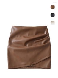 Skirts Stylish Ruched Retro Hip-Wrapped Tight-Fitting Solid Colour Leather Skirt